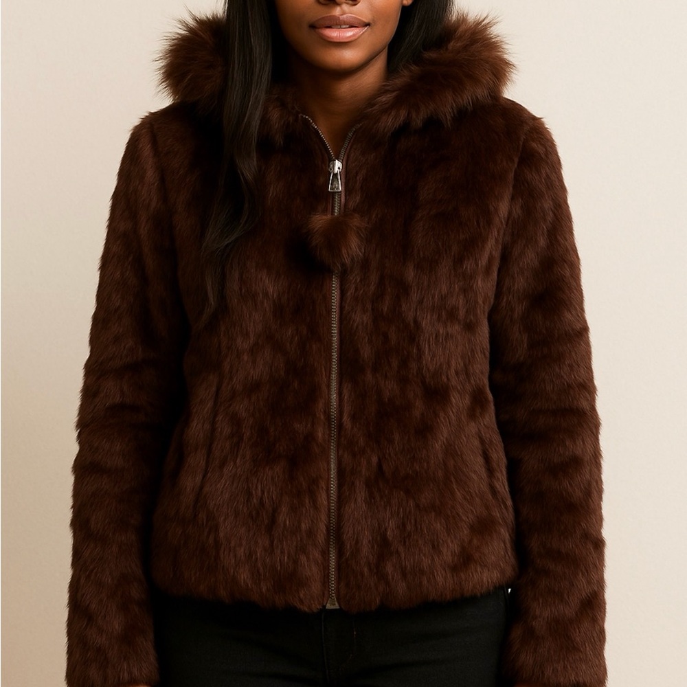 Che-Bella Genuine Fur Hooded Jacket – Brown – M